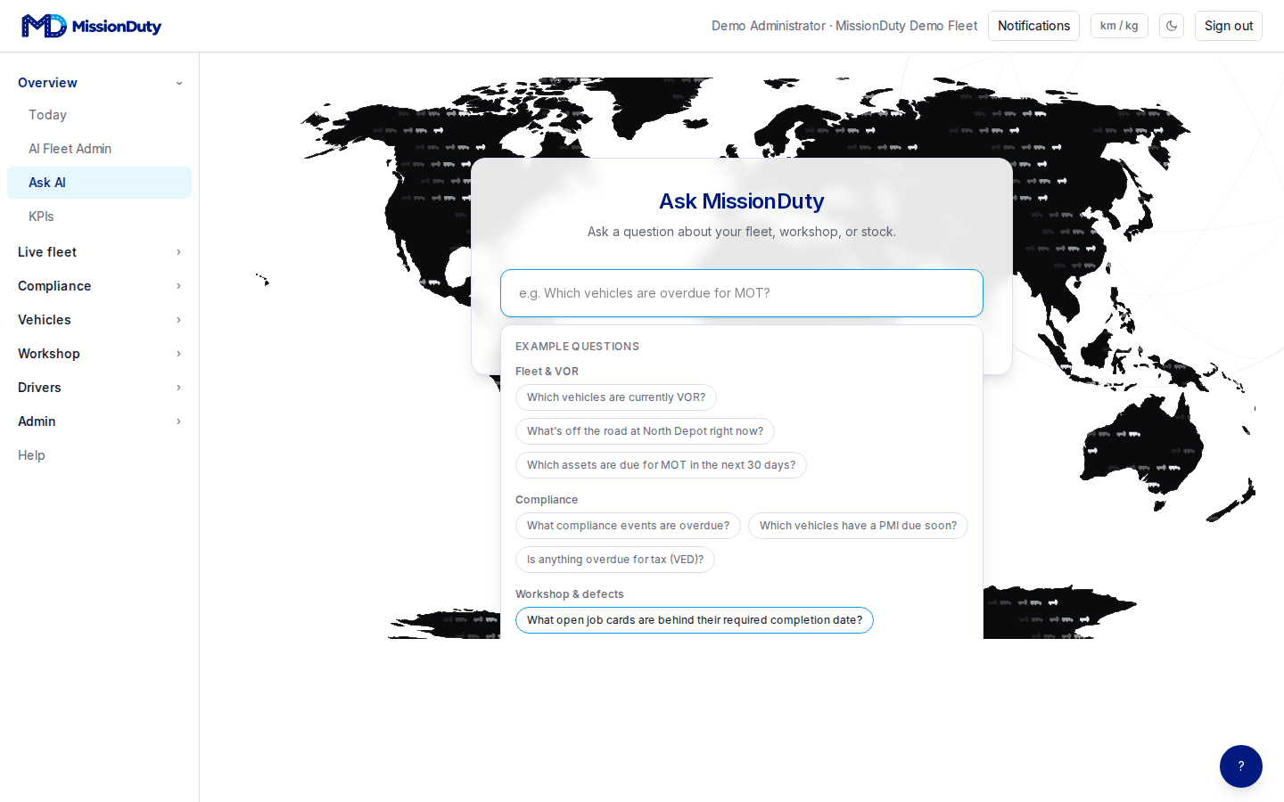 MissionDuty's Ask MissionDuty screen — natural-language fleet search over compliance, VOR and workshop data