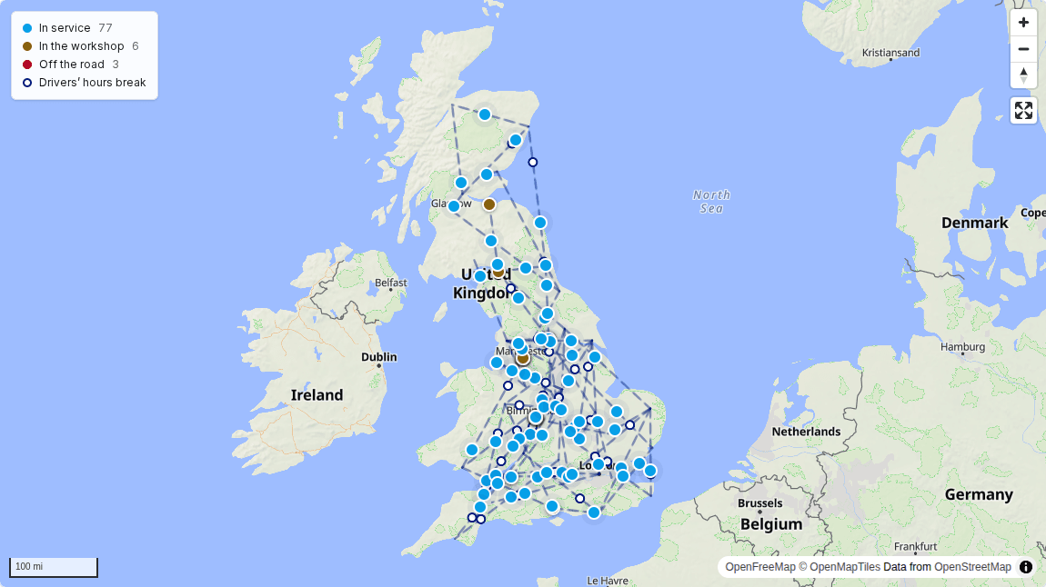 MissionDuty's Live Map, showing a demo fleet's vehicles across Great Britain on a street map